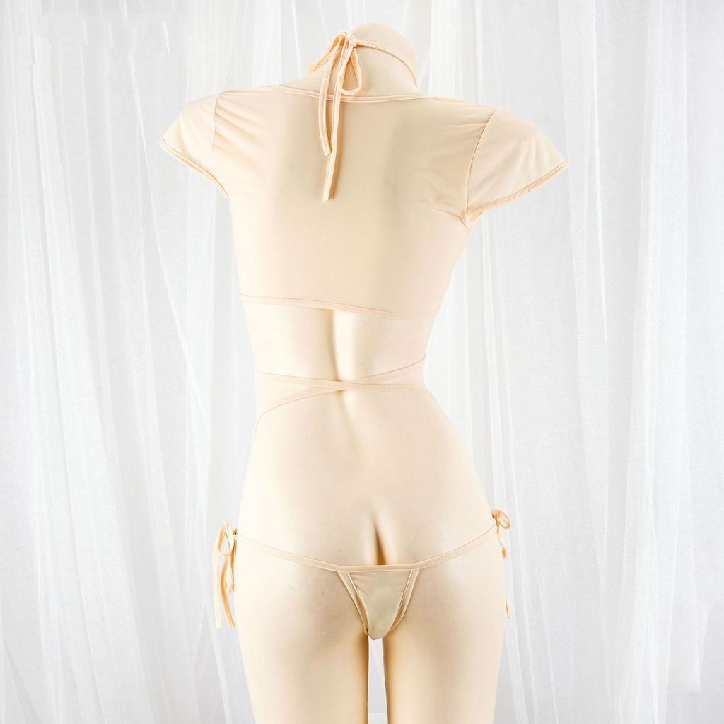 Women Lolita Girls Cosplay Halter Bandage Hollow Out Pajamas Ice Silk Backless Jumpsuit Sexy Anime Lingerie Set