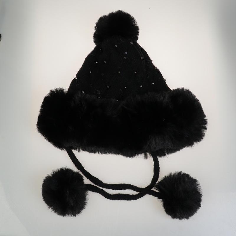 Winter Women's Knitted Hat with Beads and Fur Pom, Featuring a Velvet Lining, Large Fur Brim, and Warm Ear Protection.
