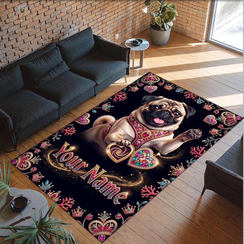 Pug Theme Crystal Velvet Floor Rug Personalized Custom Name Text Warm Carpet Home Decoration