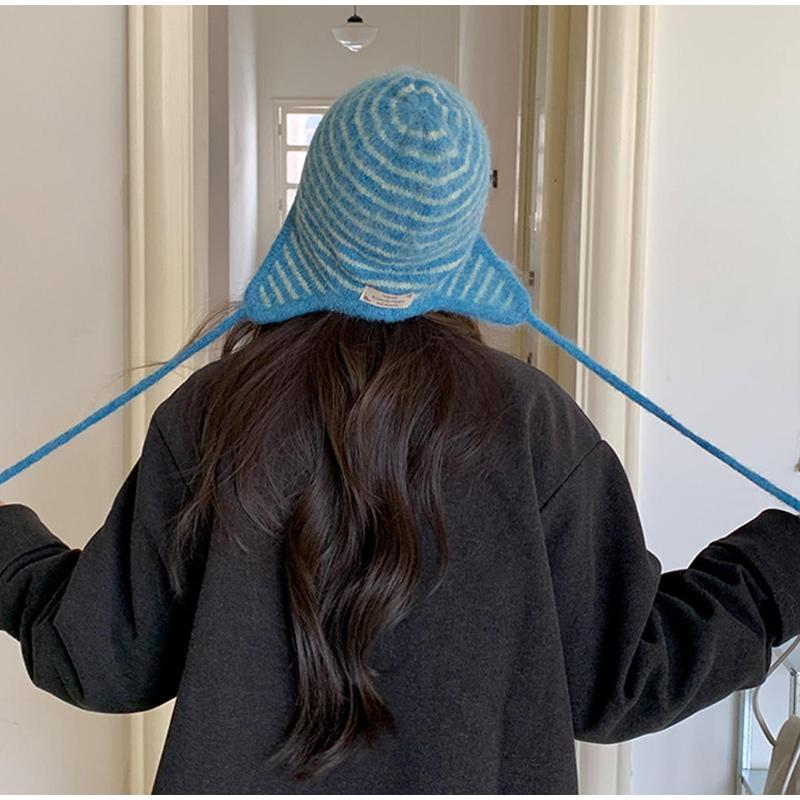 Women Winter Hat 100% Wool Knitted Black White Striped Beanie Baggy Cap Warm Windproof Outdoor Ski Balaclava Casual New