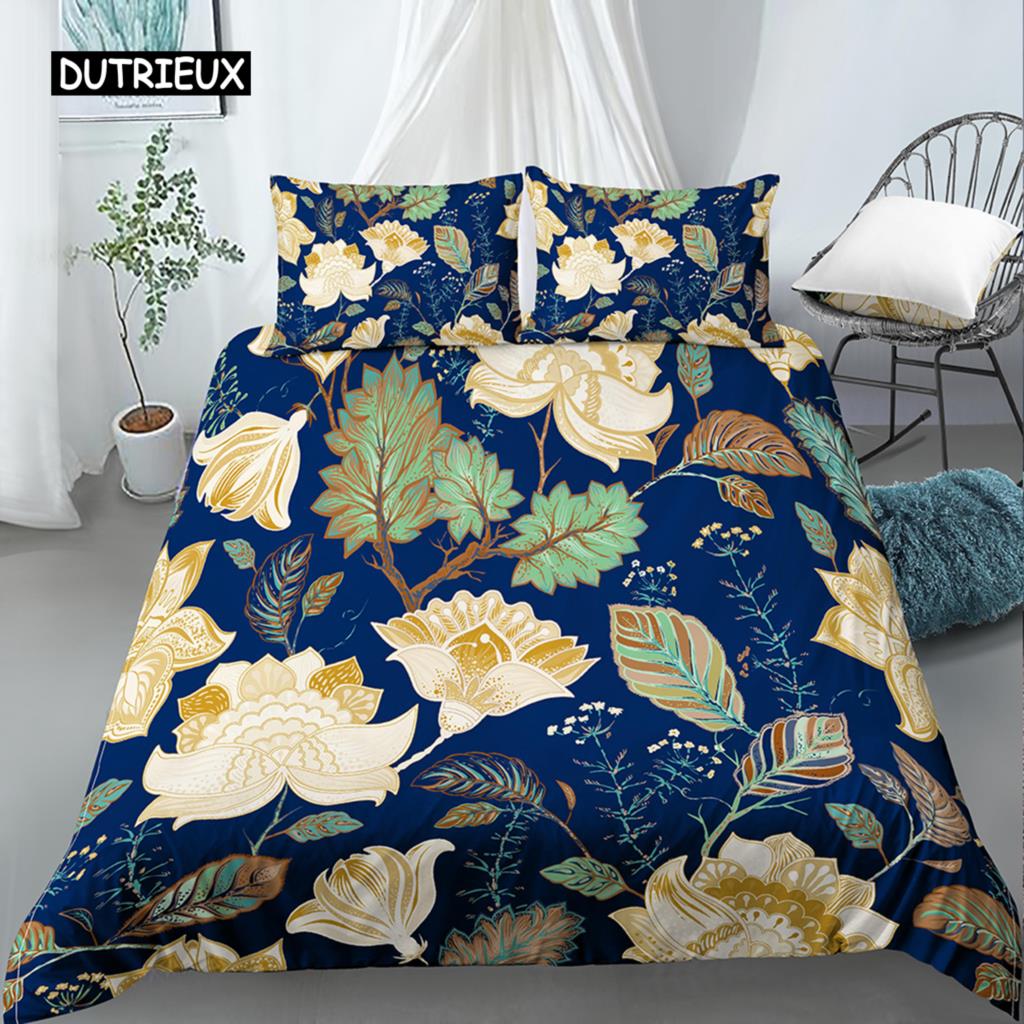 Blätter und Blumen Bettbezug-Set King Size Palmblätter Rosa Blumendruck Steppdeckenbezug für Mädchen Jungen Polyester 2/3-teiliges Bettwäscheset