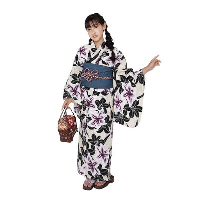 Fuuka Yukata Dzieci Dziewczynki Dzieci Zestaw 2 Sztuki Obi 130cm Lilia Czarny Beżowy Fioletowy w [Fuuka] (Heiko Obi/Wyprodukowano w Japonii/Granatowy) 07-130-B233