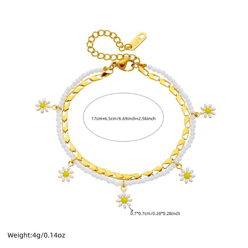Gold Plated Layered Daisy Anklet, Dainty Paperclip Chain with White Beads & Enamel Daisy Charms, Cute Summer Foot Jewelry for Women Gift