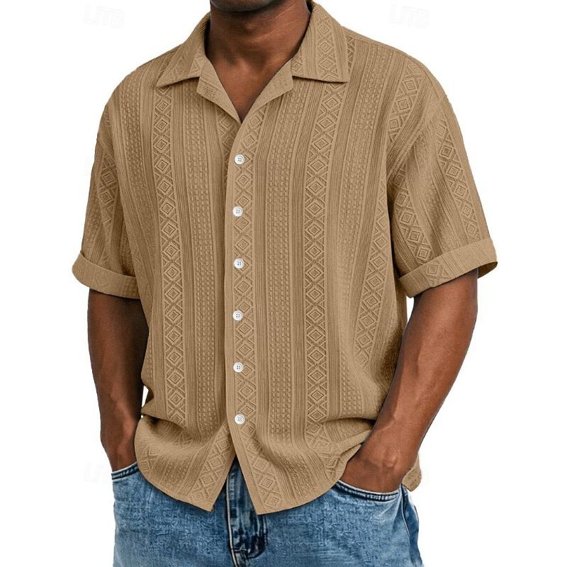 Men's Shirt Texture Button Down Shirt Jacquard Shirt Black White Light Green Navy Blue Purple Short Sleeve