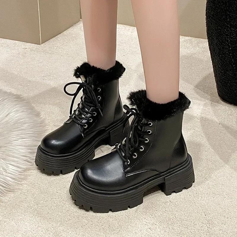 Women Snow Boots 2025 New Winter Warm Plush Street Design Thick Bottom Motorcycle Boots Fashion Cross Lace Fashion Boots Zapatos