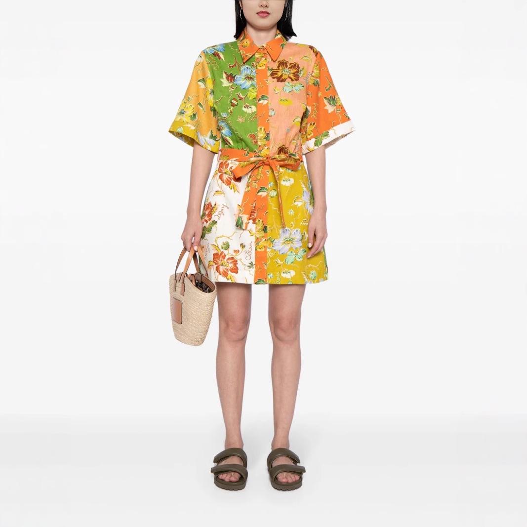 

Women s Floral Print Cotton Linen Tie-Sleeve Dress with Short Sleeves XXL