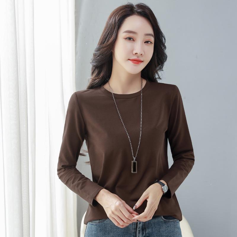 2024 Spring & Autumn Women's Long Sleeve Round Neck T-shirt - Korean Style Casual Solid Color Base Layer