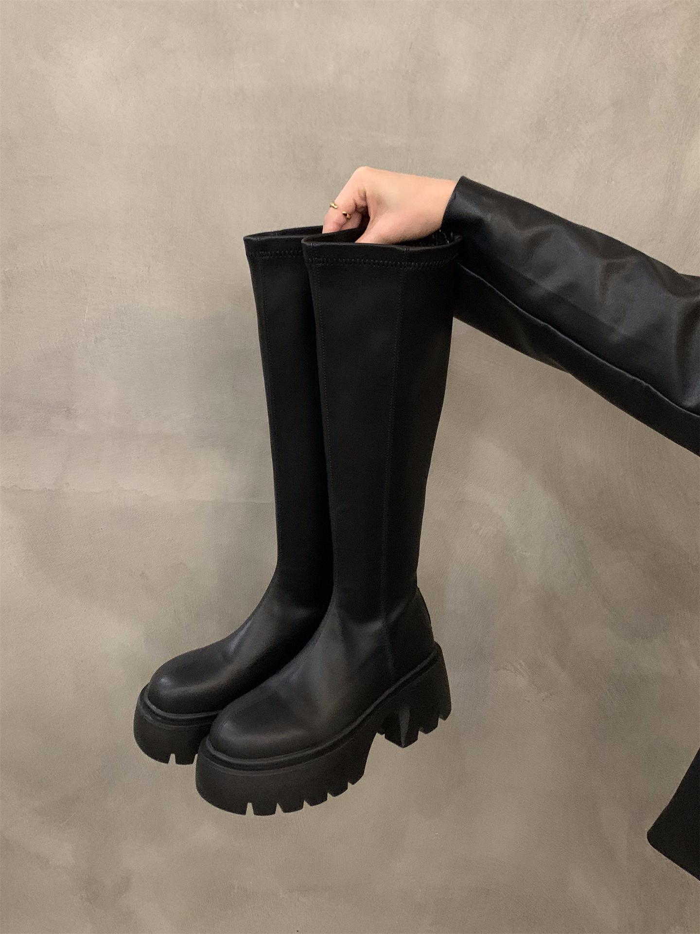

Женские сапоги-ботфорты на толстой подошве, узкие, длинные, новые, осень-зима 2025, французские черные высокие сапоги 35 чёрный