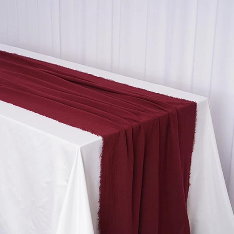 

Retro Burrs Dinner Table Runner Strap Cheese Cloth Cotton Fabric Raw Fringed Trim Gauze Crepe Napkins Rustic Wedding Party Decor 40X200cm темно-червоний колір