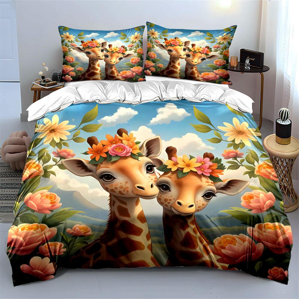3Pcs Two Giraffes With Floral Crowns Duvet Cover Set With 3D Printing Design Soft Polyester Bedding Set All-Season Comfort
