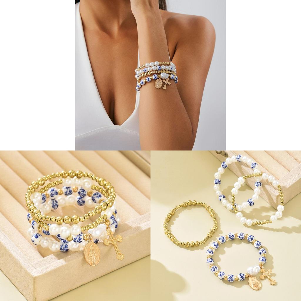 Qinghua Beaded Bracelet With Cross Pendant Handmade For Women