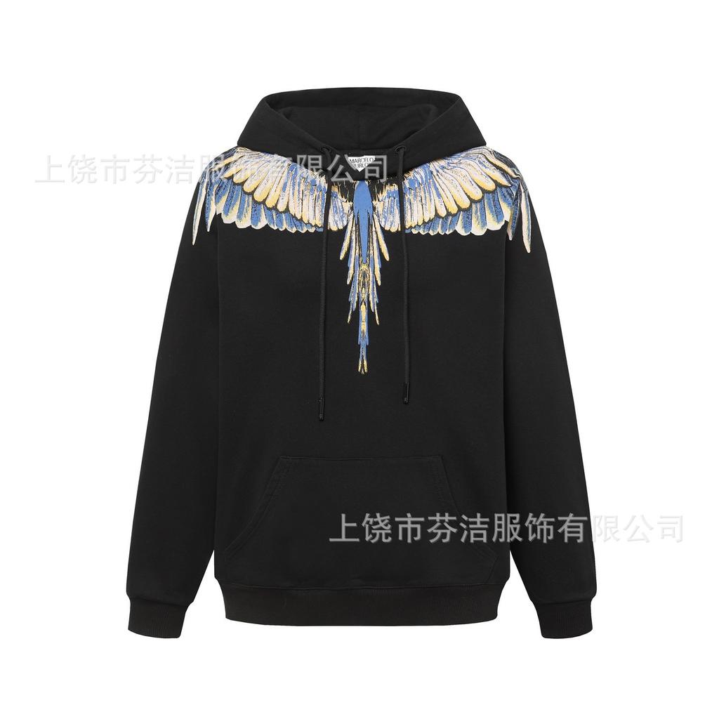 American street lightning wing print jacket men's and women's autumn and winter black loose shoulder heavy trendy hooded top