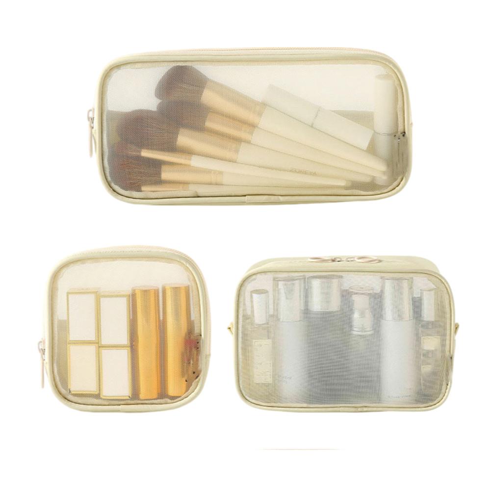 

Toiletry Organizer Travel Makeup Bag Vacation Packing Versatile Storage Three-piece Set Compact Design Zipper Closure бежевий