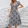 Summer New V-neck Slim Dress, European and American V-neck Short-sleeved High-waisted A-word Medium and Long Vacation Dress