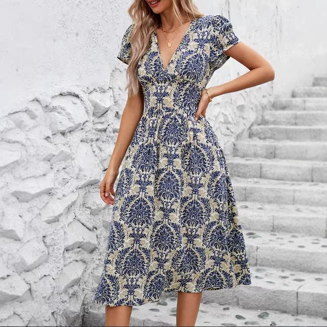 Summer New V-neck Slim Dress, European and American V-neck Short-sleeved High-waisted A-word Medium and Long Vacation Dress