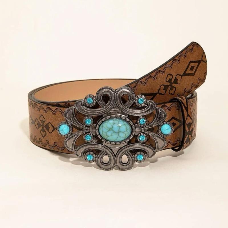 Vintage Carved Buckle Pu Wide Belts Boho Brown Embossed Waistband Western Jeans Pants Belt