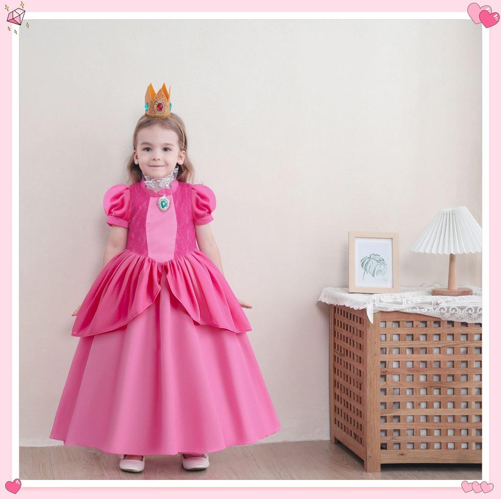 Princess Peach Kids Cosplay Costume Halloween Costume Princess Peach Dress Accessories Crown Earrings Gloves Necklace Ring Bracelet Cosplay Costume