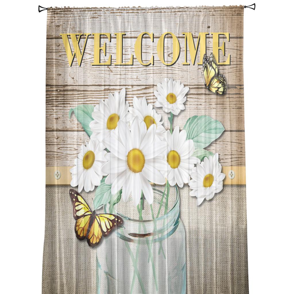 Wood Grain Daisy Butterfly Curtain For Living Room Transparent Tulle Curtains Window Sheer For The Bedroom Accessories Decor