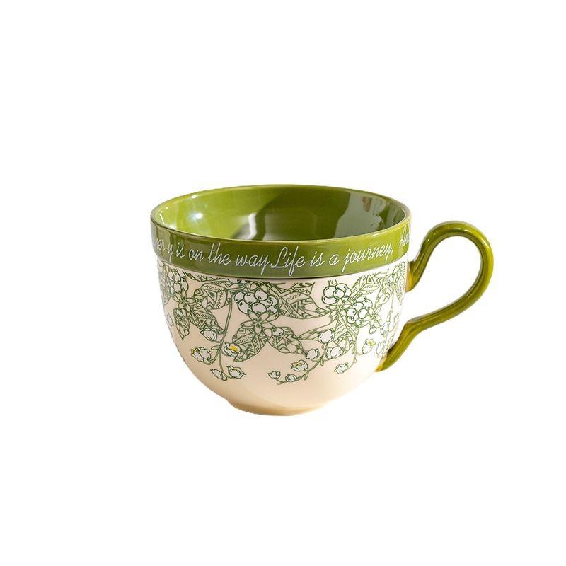 Ceramic Handle Cup With Spoon, Breakfast Cup, Oatmeal Bowl, Heated Milk, Flowering Coffee Cup, Saucer Bowl
