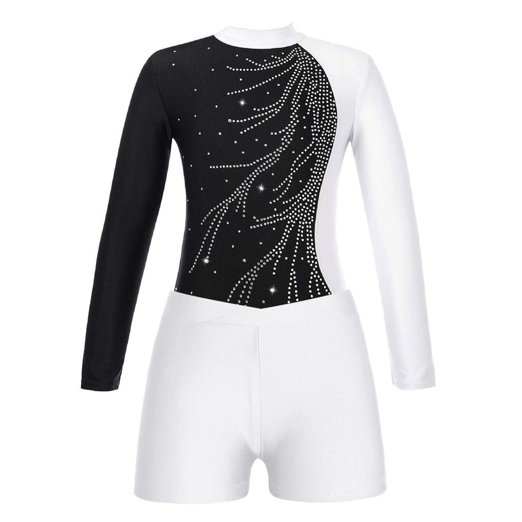 Kids Girls Gymnastics Skating Long Sleeve Leotard Jumpsuit with Shorts Dancewear