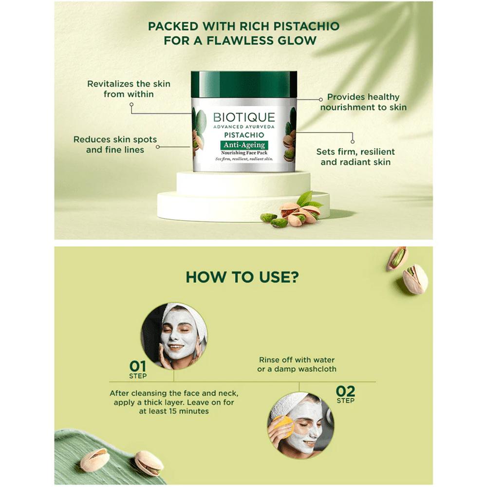 Biotique Bio Pistachio Ageless Nourishing Face Pack 50g – Revitalizing Skin Treatment for Spots & Glowing Tone