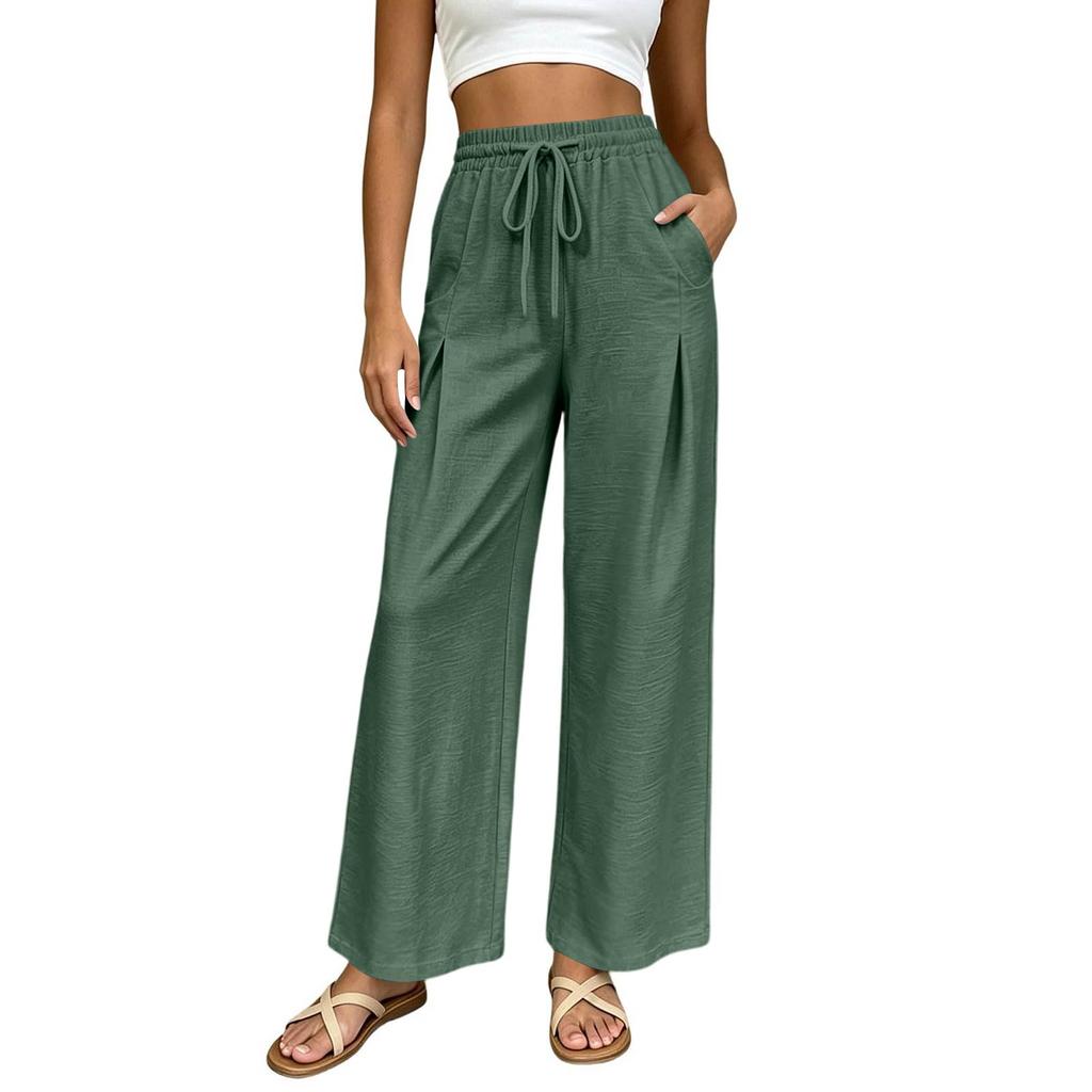 Women High Waist Wide Leg Pants Summer Casual Loose Fit Trousers with Pockets Elastic Waist Drawstring Outdoor Lightweight