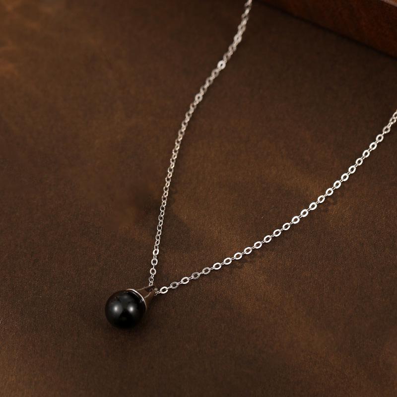 Banyan Tree Silver Water Drop Necklace with Black Agate & Pearl Pendant