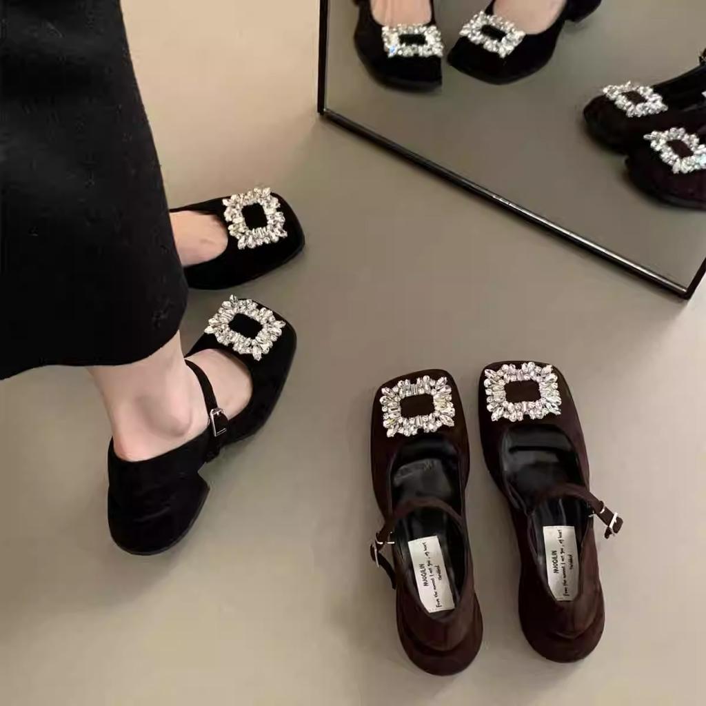 Premium Sense Small Fragrant Style Mary Jane Single Shoes French Rhinestone High Heels Retro Loafers Spring and Summer Korean Version Women's Shoes