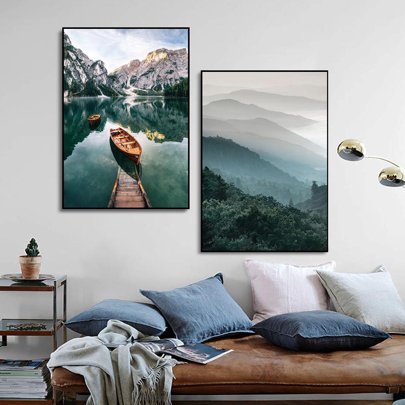 Snow Mountain Canvas Print Painting Nordic Aurora Lake River Scandinavian Forest Boat Landscape Poster Modern Picture Home Decor
