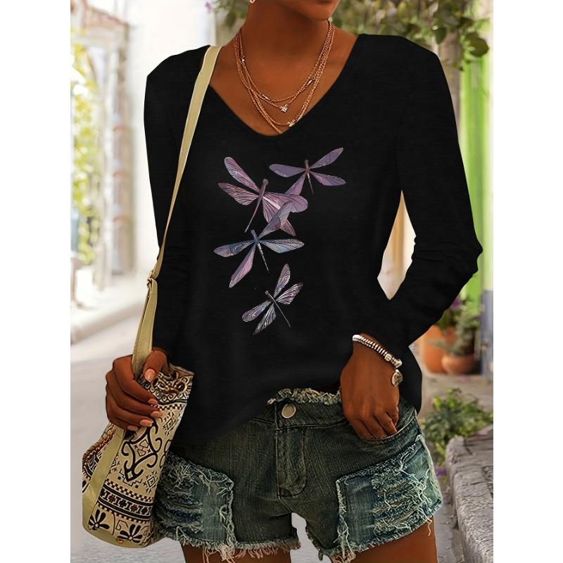 Dragonfly Print Women's Autumn/Winter Top, Daily Versatile Casual Fashion Color V-Neck Long Sleeve T-Shirt