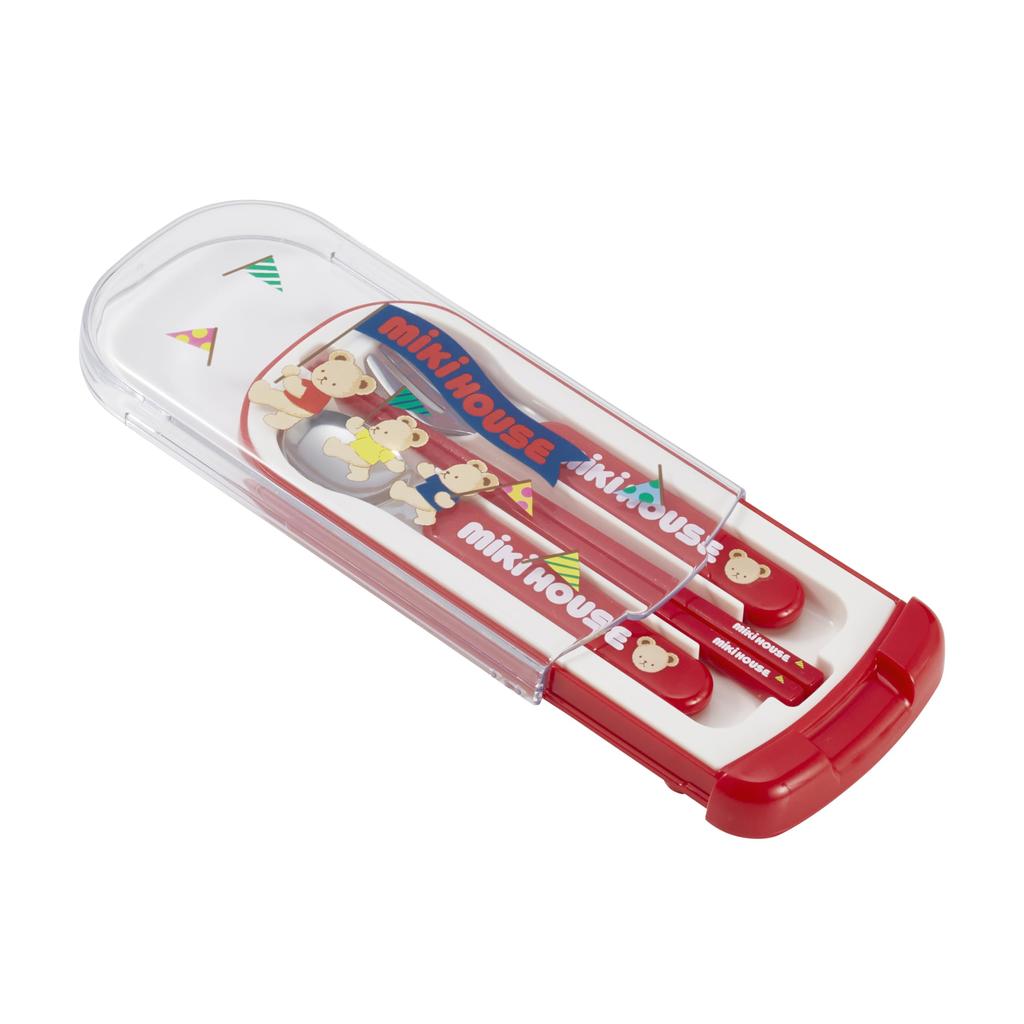 MIKI HOUSE Trio Set: Chopsticks, Spoon, Fork, and Bear Design, Made in Japan, Dishwasher Safe, Suitable for Boys and Girls, Baby, Kids, Kindergarten,