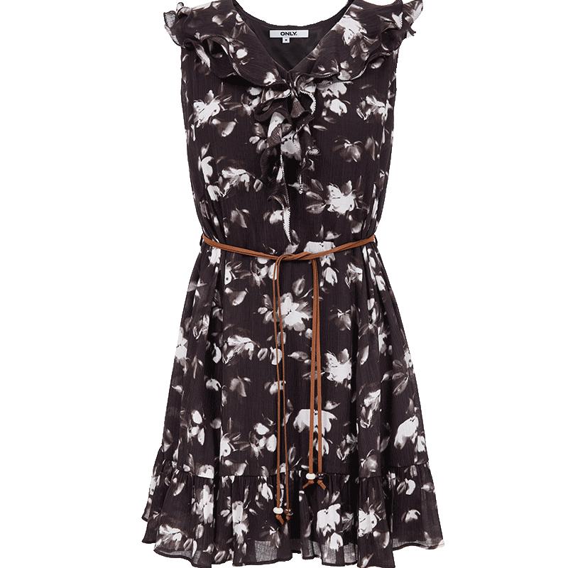 

ONLY Women s Floral Ruffle Sleeveless Waist-Cinching Mini Dress L