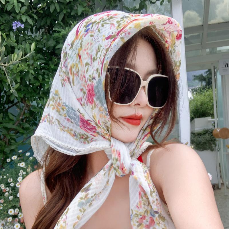 Pastoral retro floral linen triangle silk scarf women's spring and autumn literary tie code packet of the released version headscarf sunscreen shawl