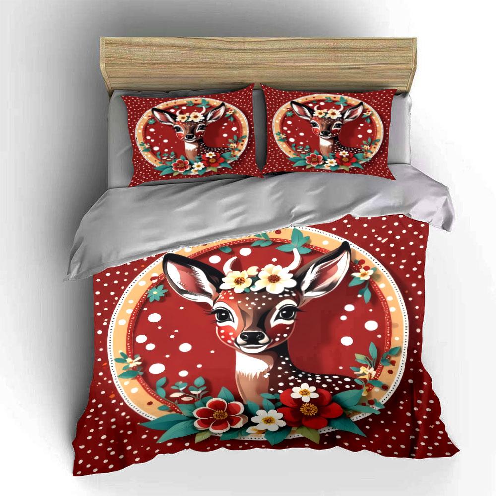Floral Deer Art Decor Set Soft Skin-Friendly Bedding Set Includes 1 Duvet Cover And 2 Pillowcase Gift