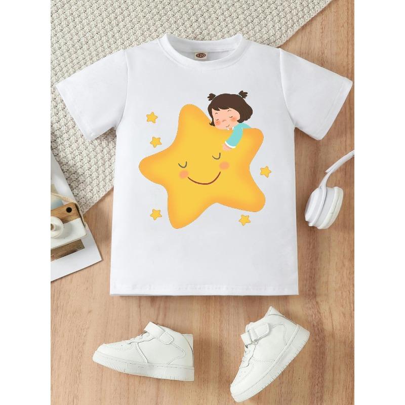 Europäische Größen Süßes kleines Mädchen mit einem Aufdruck mit Sternenmuster, Kurzärmeliges T-Shirt für Mädchen, Rundhals lässiges Oberteil, Geeignet für kleine Mädchen