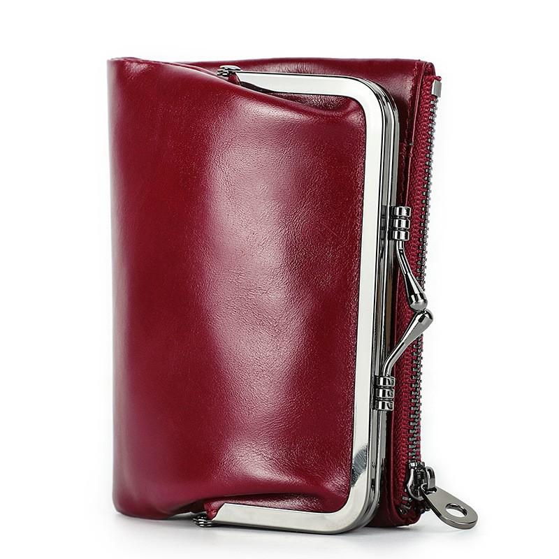 Head Layer Cowhide RFID Anti Magnetic Women's Wallet Casual Iron Hinge Multifunctional Short Leather