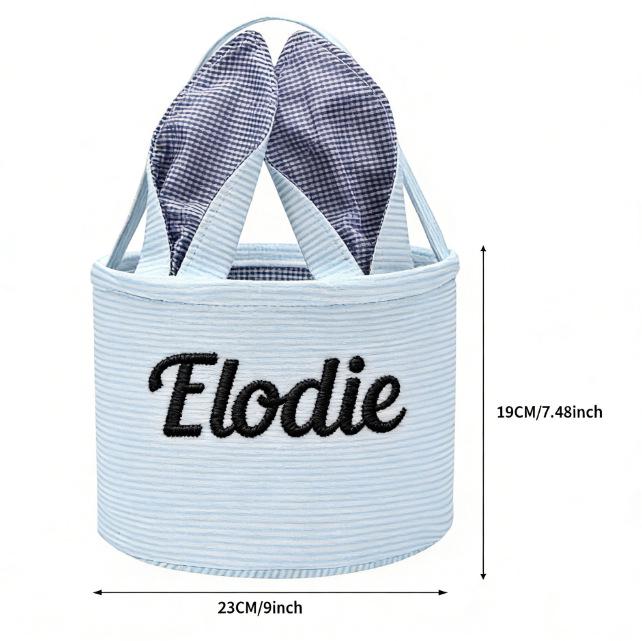 Personalized Easter Basket with Embroidered Rabbit Ears - Plaid Bubble Gauze Tote for Egg Decoration Storage