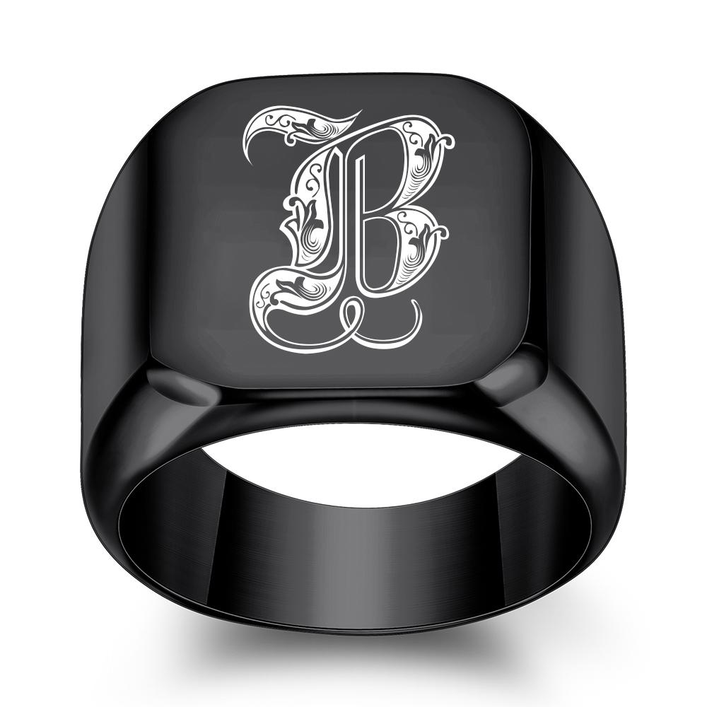 

Personalised Initial Engrave A To Z Alphabet Stainless Steel Black Signet Blank Plain Men Ring Band 14