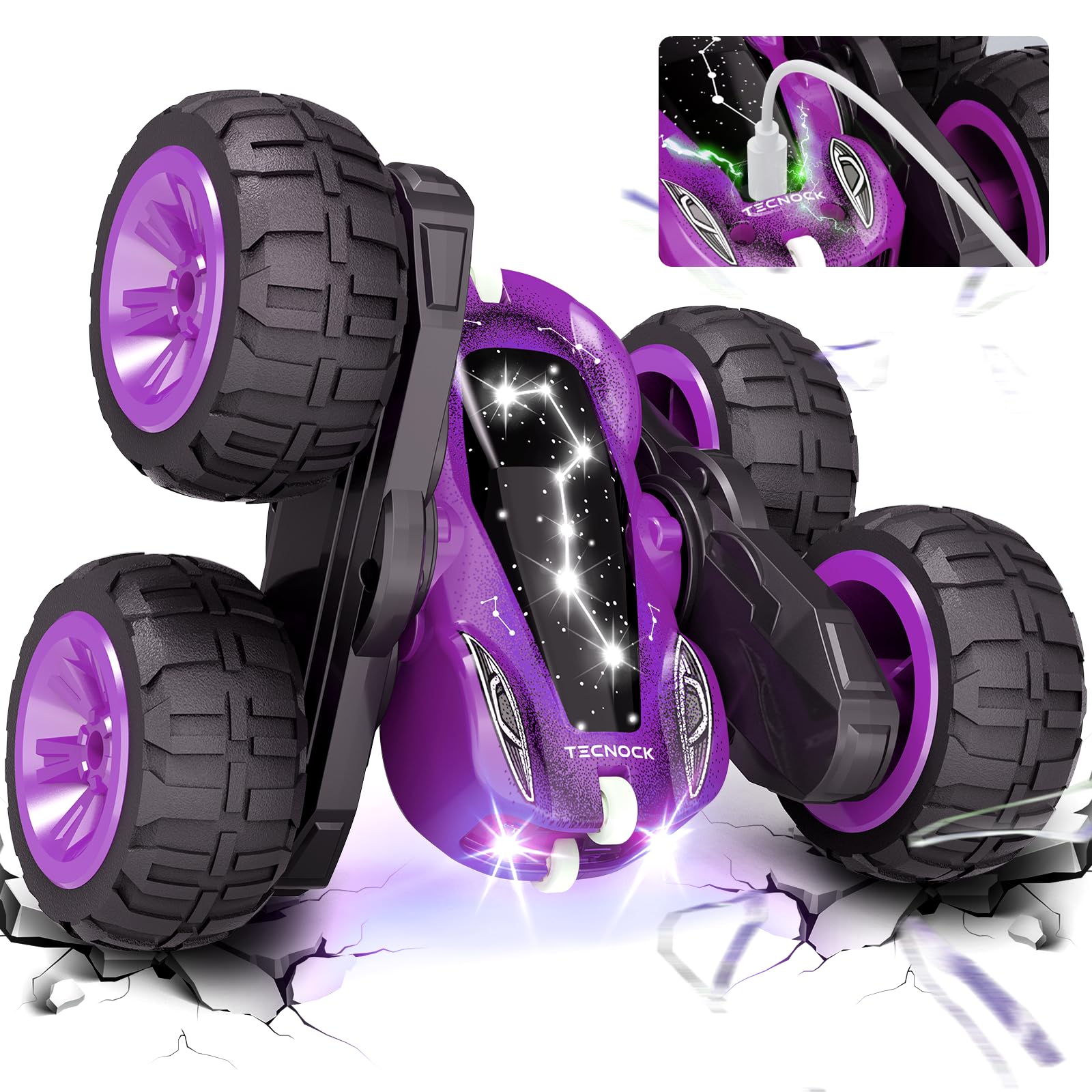 

Радиоуправляемая машинка Tecnock для детей, прямая зарядка, трюковая машинка, вращение на 360 градусов, вождение, радиоуправляемая машинка с зарядкой через USB, 4WD, игрушечная машинка для мальчиков