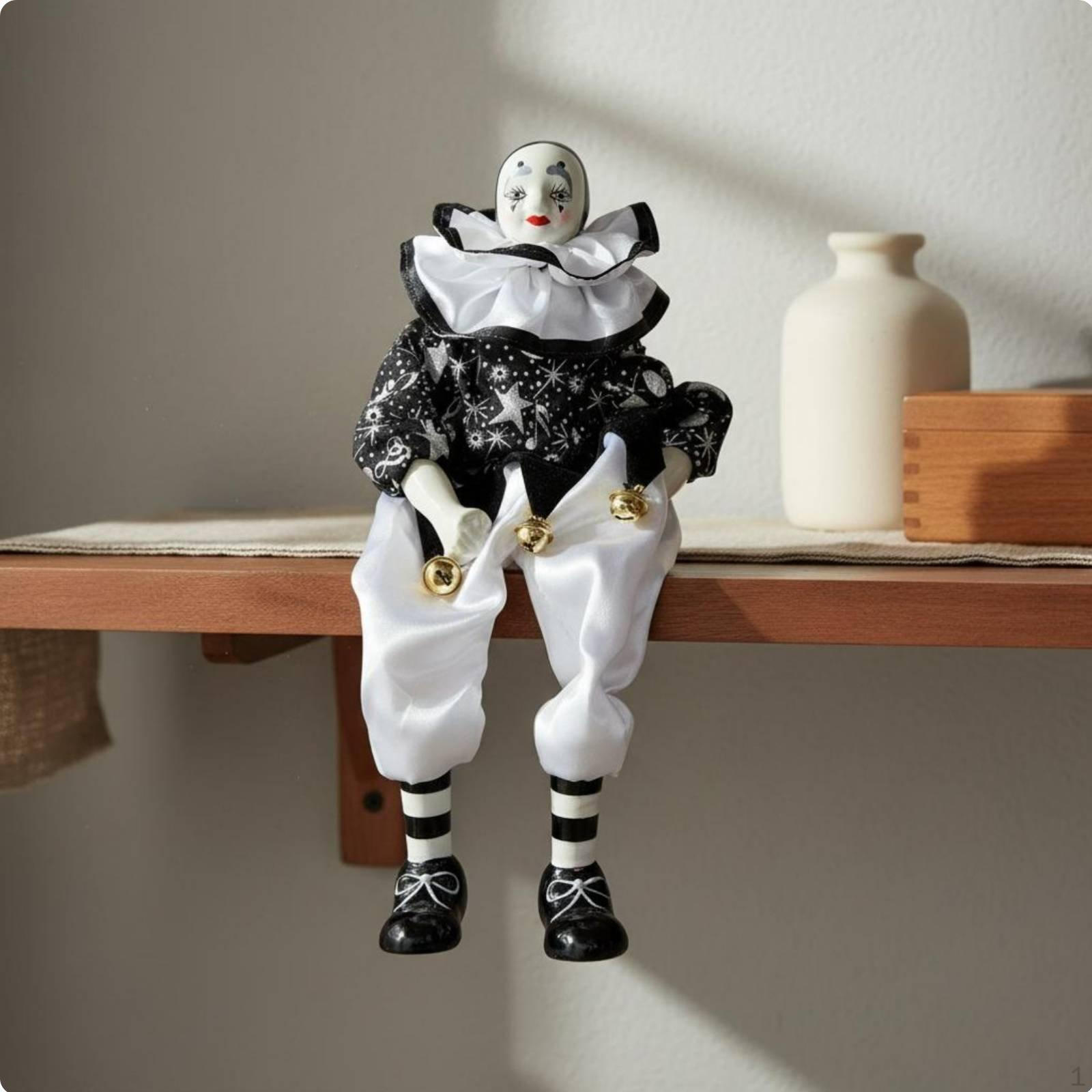Dangling Leg Clown Doll Porcelain Head and Limbs Sitting Ceramic Themed Fool Figure