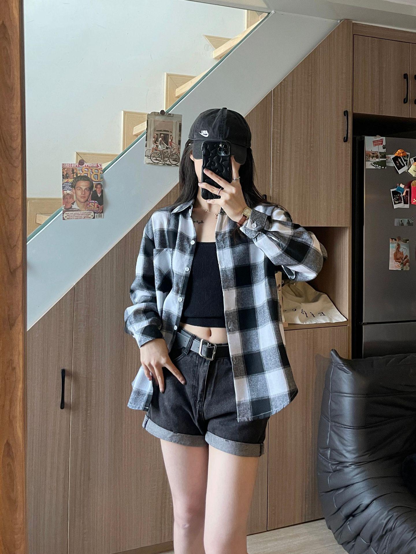 

Жіноча ретро картата сорочка: Весна та Осінь Вільний Крій, Універсальний Повсякденний Топ у Коледжному Стилі XL 57.5-62.5 kg