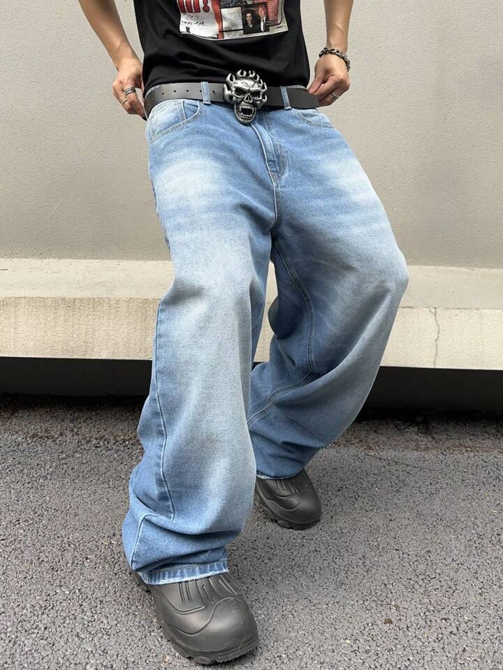 Summer new beard men's straight loose wide-leg American retro high-end jeans