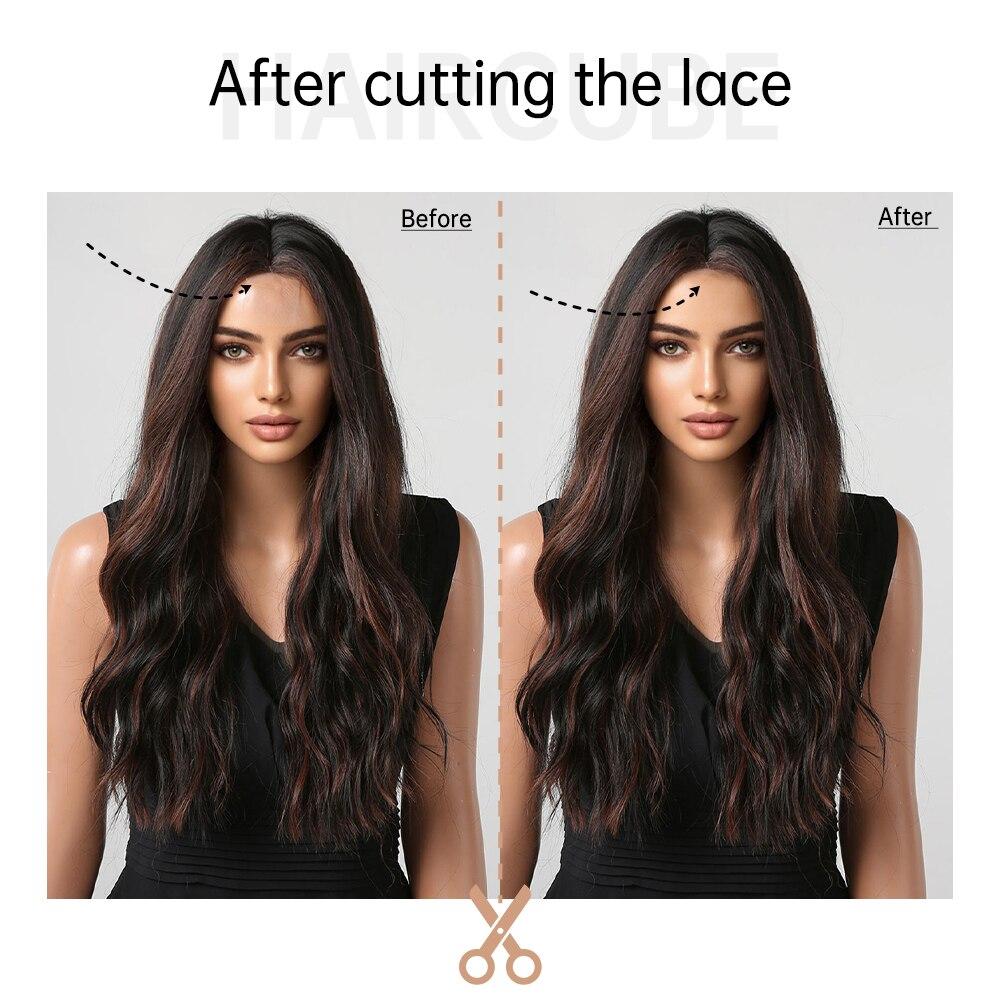 ALAN EATON Brown Highlight Wave Wig Long Synthetic Hairline Lace Wigs Natural Looking Heat Resistant Fiber for Women Party Daily