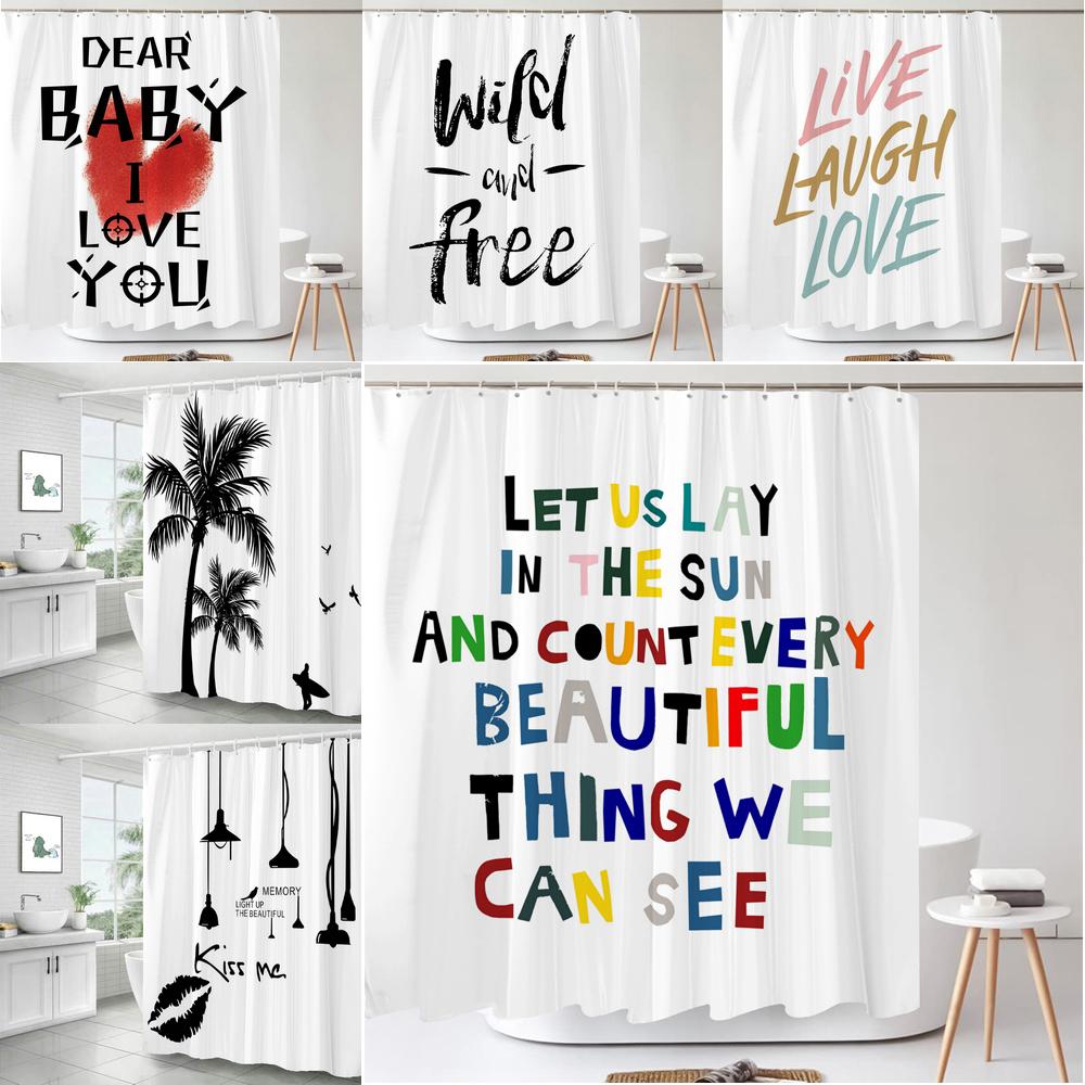 Dunika Chen White Nordic Simple Art Words Shower Curtain Minimalist Print Bath Bathtub Curtain Waterproof Polyester Bathroom Curtain Decor