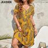 Women's Fashion Summer Spring Flower Pattern Print Short Sleeve V-Neck Loose Waistline Casual Dresses