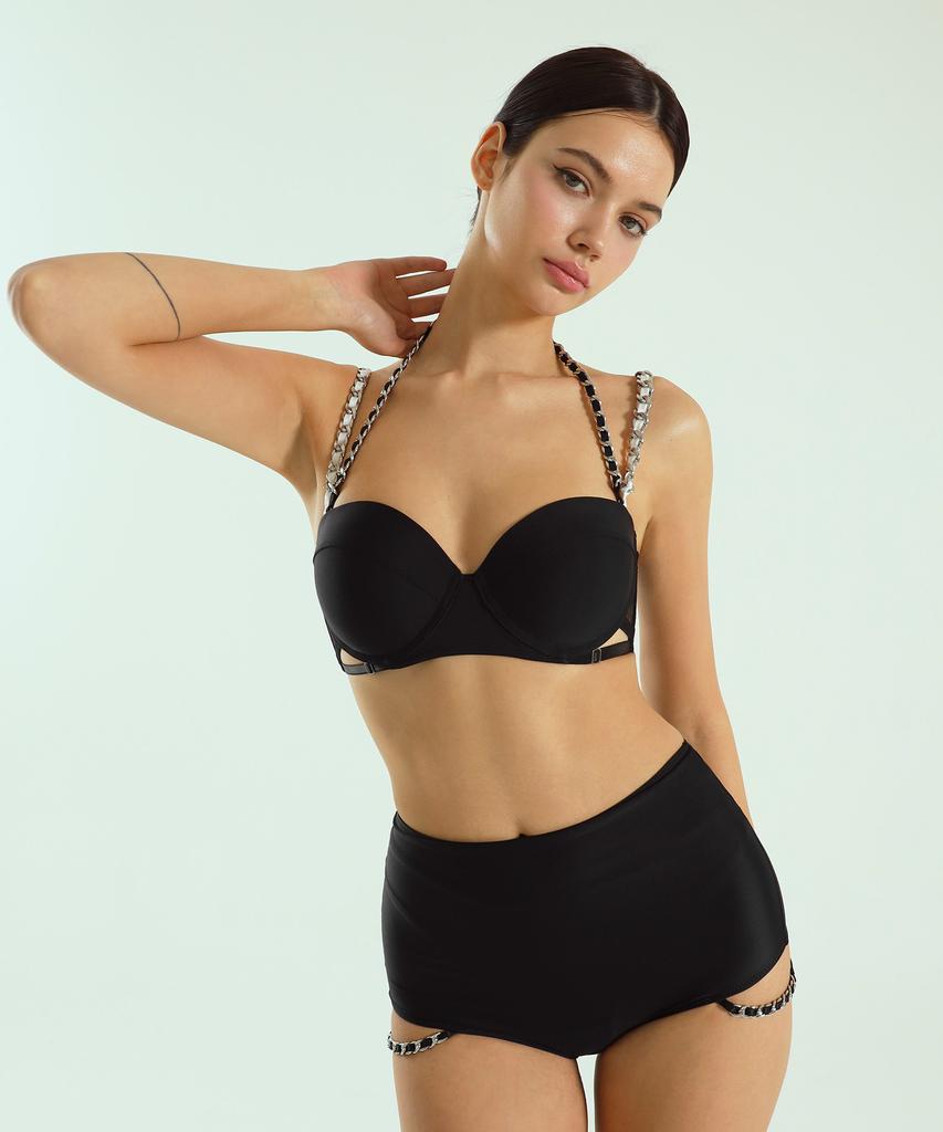 VINAJ Chain Mix Halter Half-Cup Bikini Bra (Black)