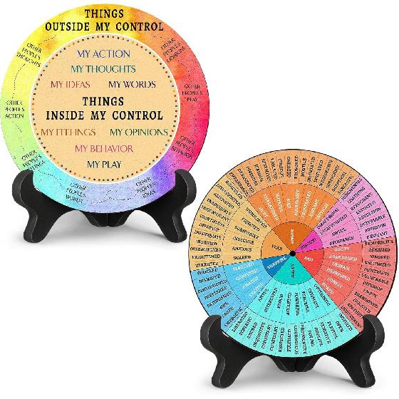 2 Pcs Feelings Wheel Therapy Office Desk Decor Things I Can Control Double Sided Mental Health Emotions Chart with Stand Therapist Gifts Psychology