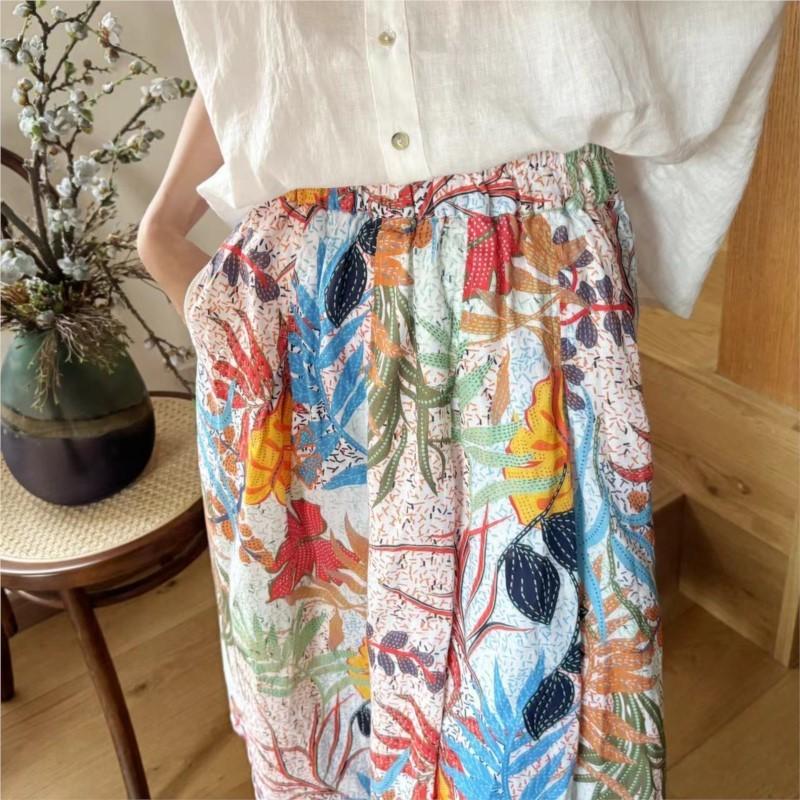 Johnature Vintage Simple Solid Color Skirt Women Loose Summer Casual Simple Elastic Waist Floral Print Women Skirts
