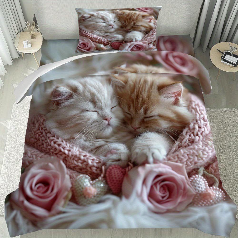 Lifesmells 2/3pcs Adorable Sleeping Kittens Duvet Cover Set Sweet Kitten Pattern Bed Cover Set Cozy and Charming Bedding Set