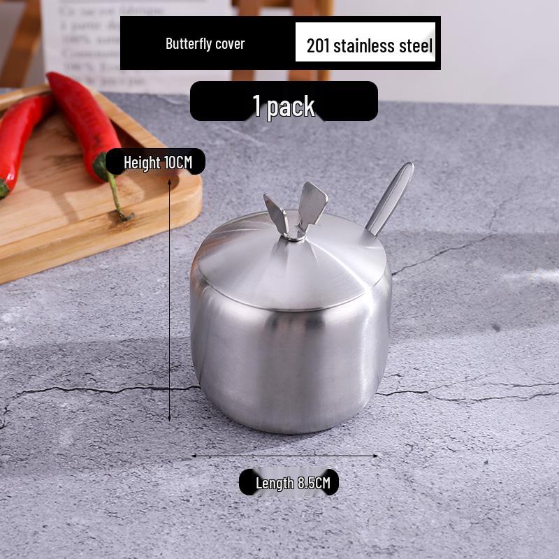 Gold Korean-Style Seasoning Jars, 201 Stainless Steel with Glass Lids On Tray, for Restaurant Use.